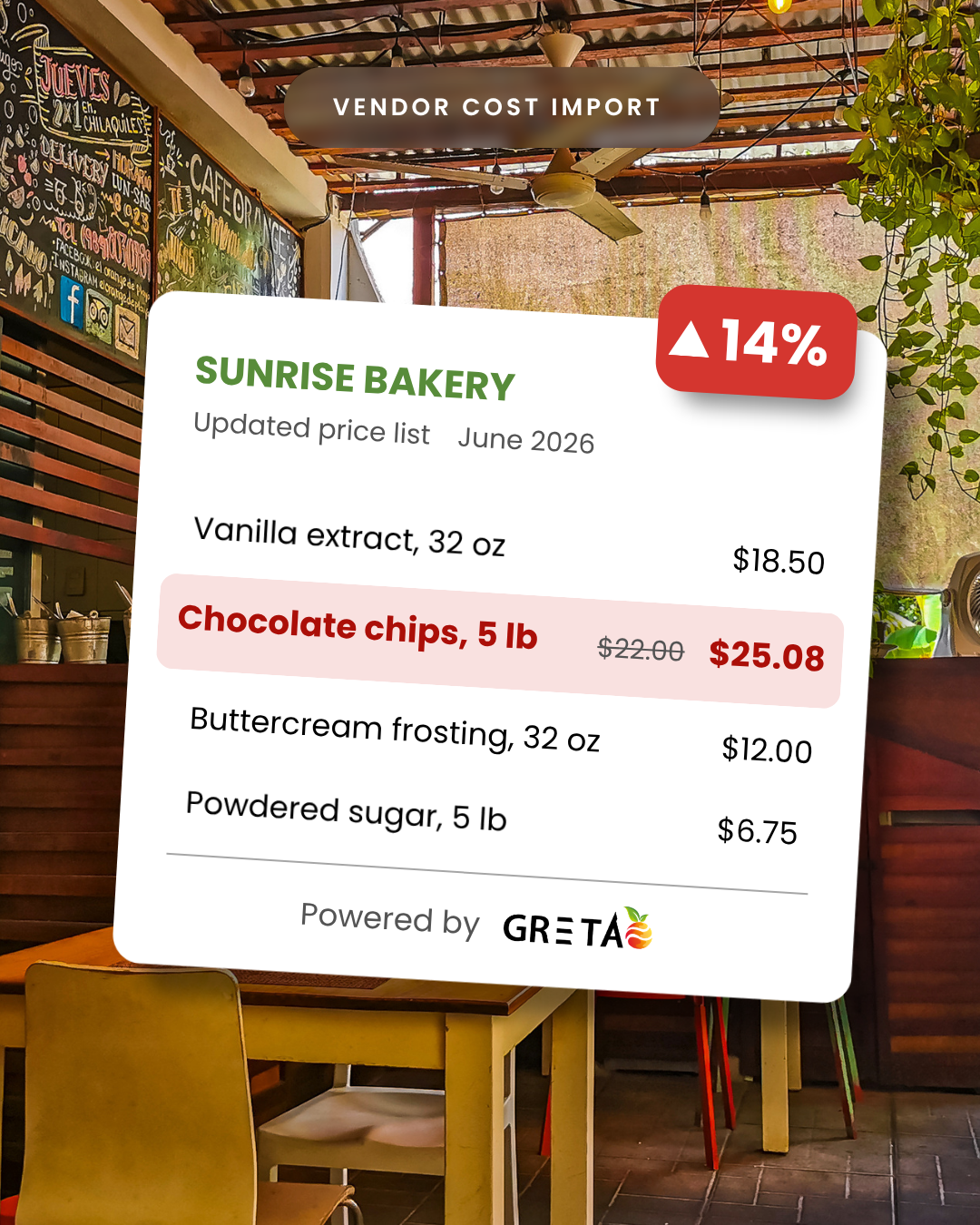GRETA vendor cost import showing an updated bakery price list